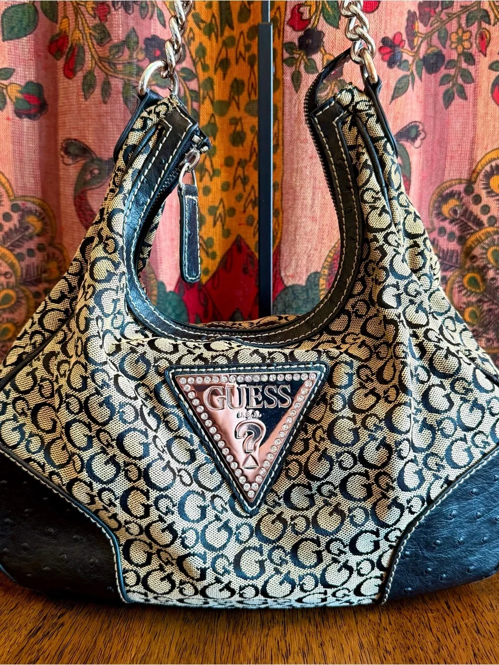 Y2K Guess Slouchy Hobo Bag Triangle Rhinestone Monogram Chain Strap
